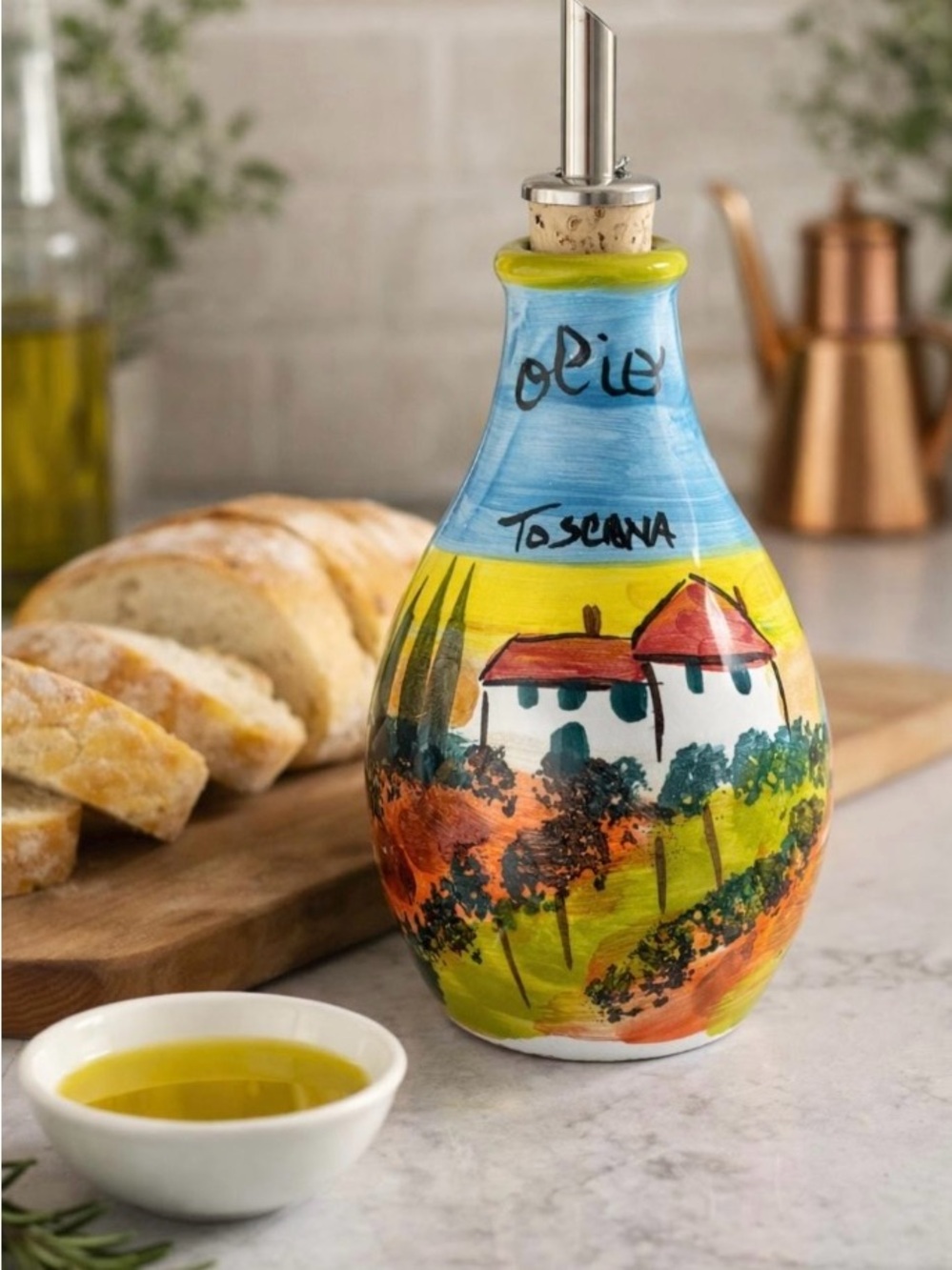 Hand-Painted Italian Ceramic Olive Oil Bottle